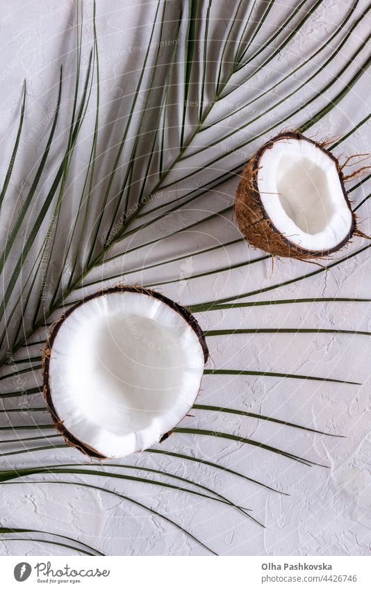 Zwei Kokosnusshälften auf einem Palmblatt und auf dem Tisch Direkt darüber flache Verlegung Diät Frucht Dessert Konzept Teile zwei braun Ernte tropisch