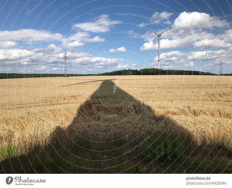 Energiewende: Der Schatten eines Windrads fällt auf ein Getreidefeld. Foto: Alexander Hauk energiewende windrad getreide getreidefeld außenaufnahme wolken