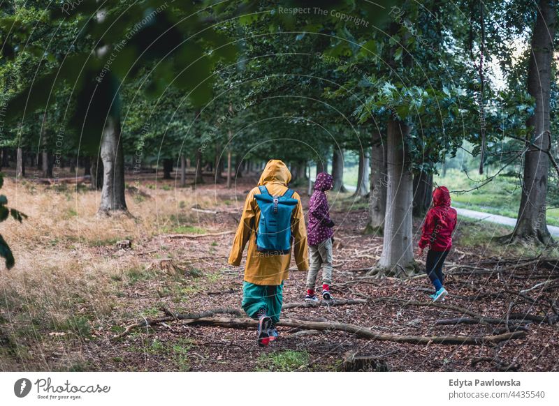 Eltern und Kinder beim Spaziergang im Wald Drents-Friese Wold laufen Wanderung wandern Regen Regenmantel Herbst Urlaub reisen aktiv Abenteuer Sommerzeit Tag