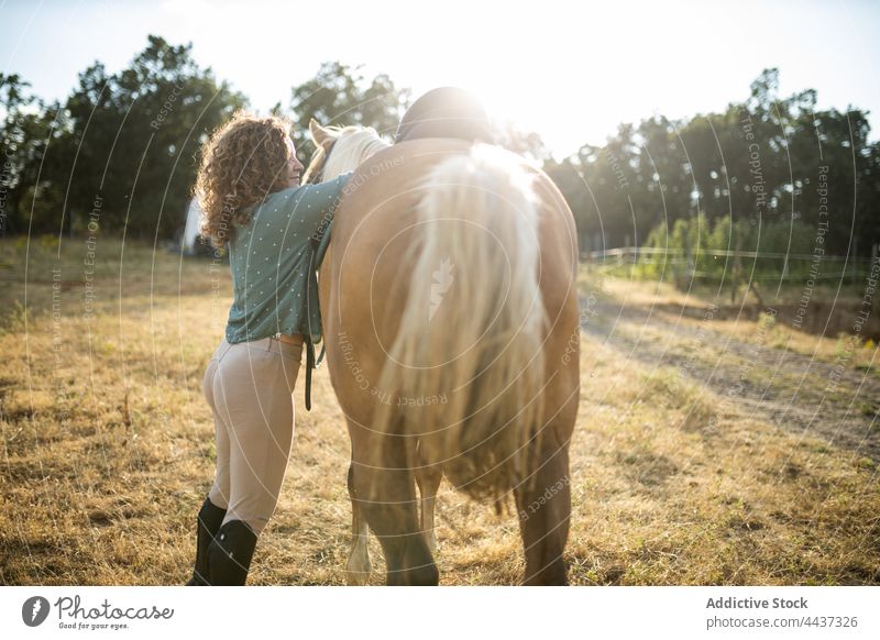 Frau legt den Sattel auf den Rücken eines Pferdes auf dem Lande Stute vorbereiten pferdeähnlich Tier Viehbestand domestiziert Bauernhof Reitschule Hengst Fauna
