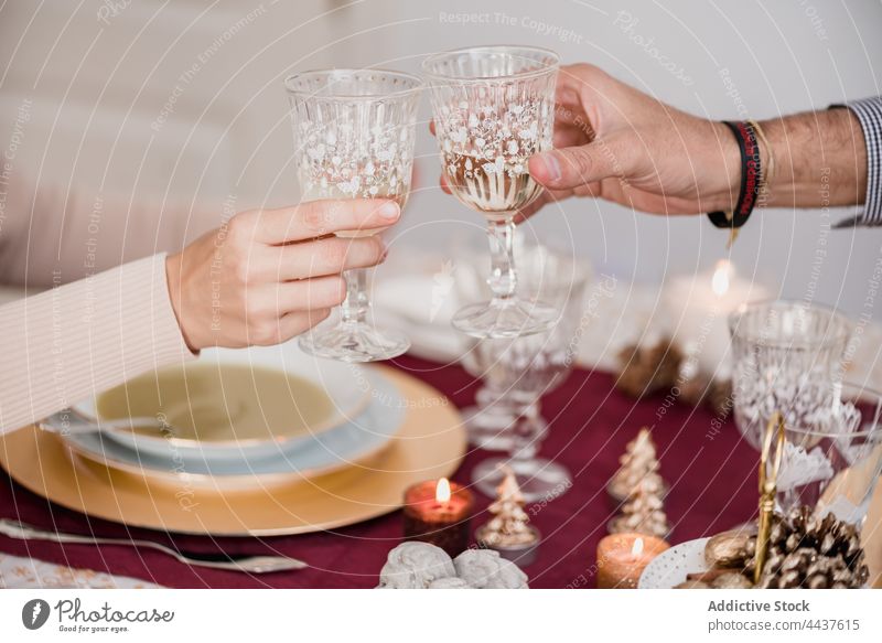 Crop-Paar stößt während des Neujahrsfestes mit einem Glas Champagner an Klirren Weihnachten feiern trinken Getränk heimwärts festlich dekorativ Suppe Püree