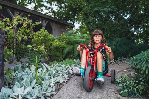 Kleines Mädchen fährt mit dem Fahrrad im Park Fahrradfahren Reiten Garten Urlaub aktiv Abenteuer Sommerzeit Tag Freiheit Feiertag genießend außerhalb ernst