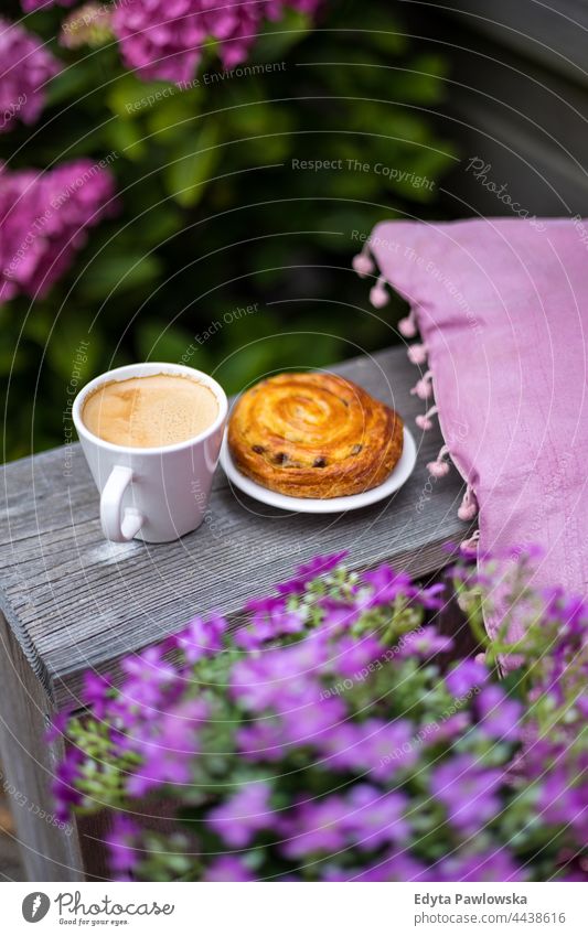 Kaffee und Kuchen im Garten Kaffeetasse trinken Lebensmittel frisch Frische Tasse Café Getränk Becher heiß Frühstück Restaurant Morgen Lifestyle Nahaufnahme
