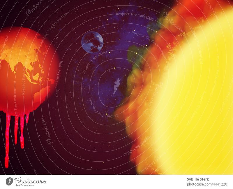 Klimakrise Schmelzerde Sonne Mond Aussterben sterbende Erde steigende Temperaturen erwärmen Raum Stern Nebel Milchstrasse Weltall Planet