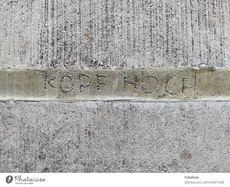 "Kopf hoch" wurde auf Helgoland in Großbuchstaben in die Fuge zwischen zwei Steinplatten geritzt Buchstaben Schriftzeichen Wort Letter Text Menschenleer Sprache