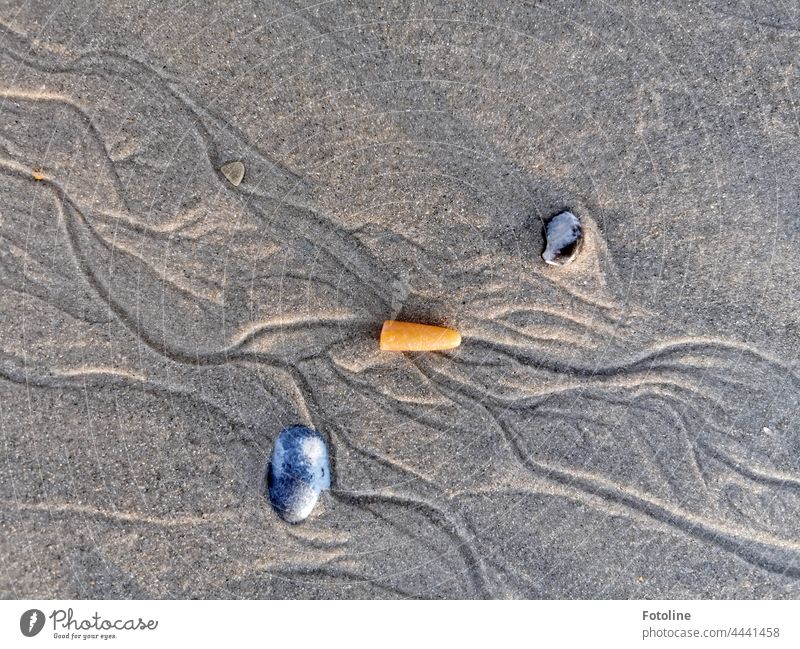 Und diesen Schatz, fand ich oft am Strand der helgoländer Düne. Einen Donnerkeil. Stein Kieselsteine Steinchen Priel grau Nahaufnahme Sand Menschenleer braun