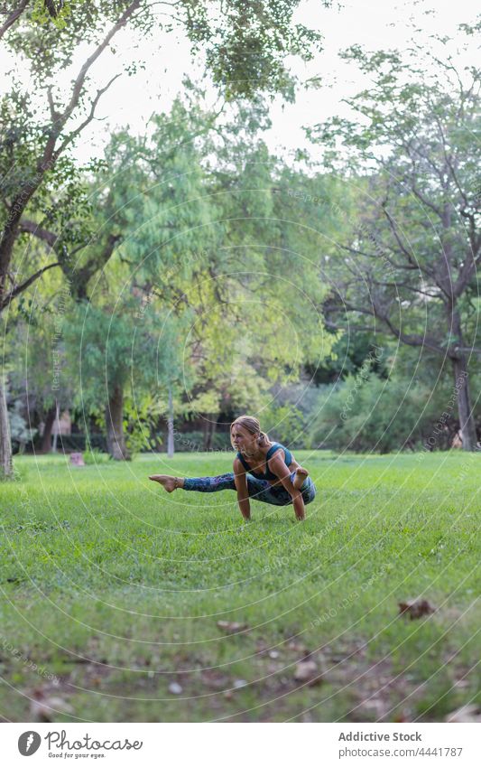 Konzentrierte Frau beim Yoga im Park, die Tittibhasana ausführt üben Glühwürmchen-Pose tittibhasana Asana Gleichgewicht Aktivität Harmonie Energie Wellness