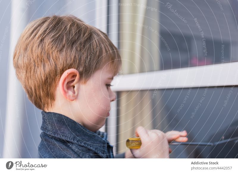 Aufmerksamer Junge mit Handschraubendreher am Fenster Schraubendreher manuell Werkzeug Fokus Kindheit Freizeit Instrument Reflexion & Spiegelung achtsam