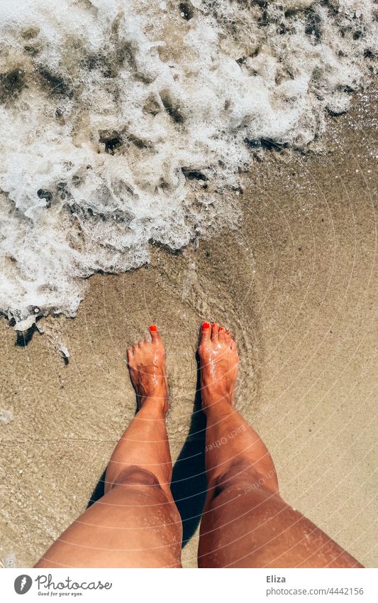 Frauenfüße am Strand von Meerwasser umspült. Urlaubsstimmung. Welle Füße Sand Sommer Barfuß Wasser Sandstrand Sommerurlaub braungebrannt Beine Wellen