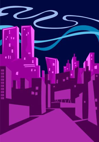 Flat Design Illustration - Skyline einer Großstadt bei Nacht Hochhaus Straße abstrakt Gebäude Architektur Turm urban schief Zeichnung