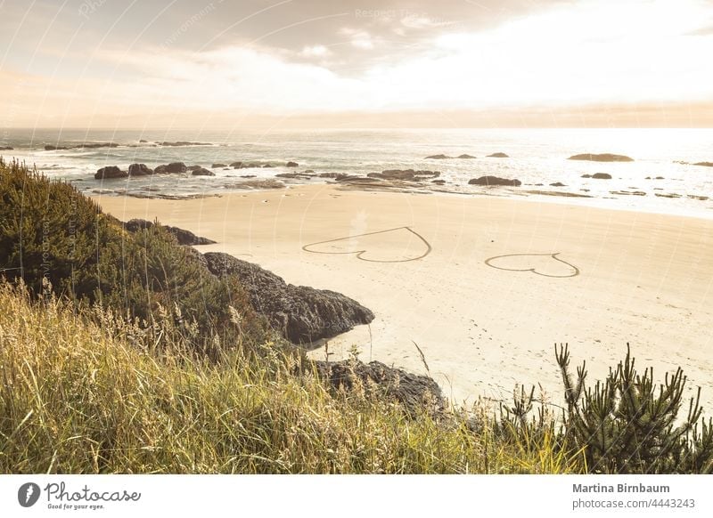 Zwei Herzen im Sand an der Pazifikküste, Oregon Meeresufer Symbol zwei reisen Strand Valentinsgruß Ufer Insel Tag Urlaub romantisch Sommer MEER Liebe