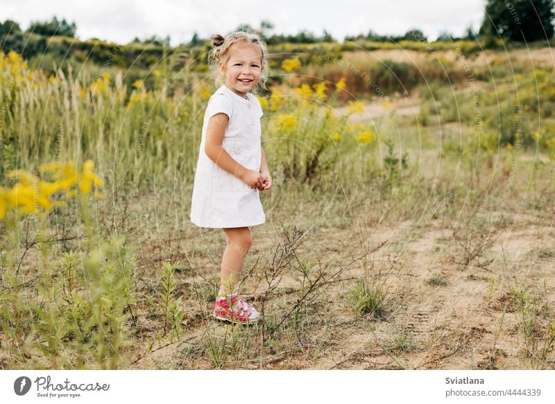 Ein glückliches kleines Mädchen in einem weißen Kleid steht auf einer Wiese mit gelben Blumen und lächelt an einem warmen Tag wenig Feld Kind Glück Frühling
