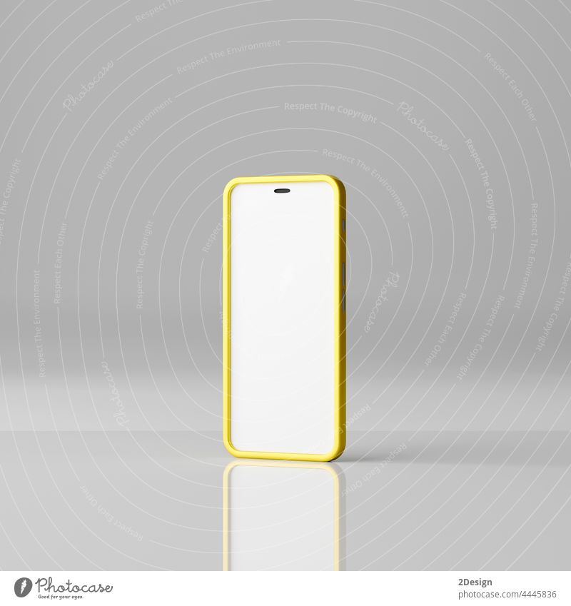 Smartphone-Mockup mit leerem weißen Bildschirm auf weißem Hintergrund. 3D Render Attrappe Telefon Mobile 3d Anzeige Gerät gelb Handy-Mockup realistisch