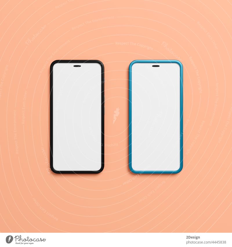 Zwei Smartphones mit leerem Bildschirm auf rosa Hintergrund. 3d Rendering Anzeige elektronisch Attrappe zwei App Gerät Mobile Telefon blanko vereinzelt modern
