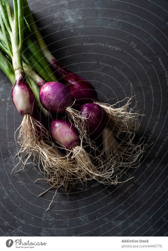 Rohe lila Zwiebeln auf den Tisch legen reif frisch Lebensmittel organisch roh Bestandteil Ernährung grün Vorbau gesunde Ernährung Gemüse Vitamin natürlich