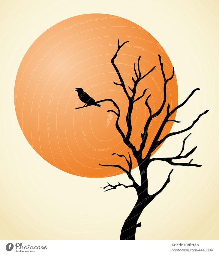 rabe und blutmond rabenvogel krähe dohle baum silhouette stimmung geheimnisvoll unheimlich mystisch märchenhaft stimmungsvoll halloween spooky illustration