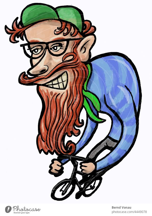 Fahrrad Hipster fahren Rotbart Bart Karikatur Fahrradfahren verzerrt illustration grinsen Brille kappe rothaarig Zeichnung Dynamik Sport Verkehr