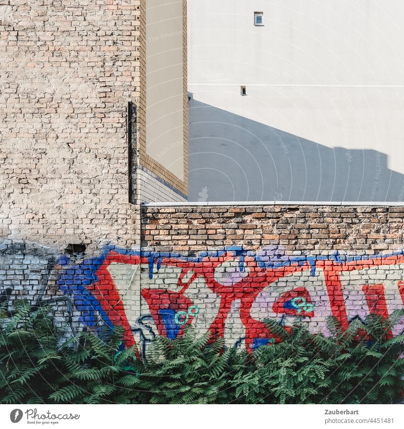 Backsteinwand mit Graffiti in rot, blau und weiß, Mauer und Schatten, davor Grünpflanzen Wand Ziegel Winkel Großstadt Stadt Fassade alt Strukturen & Formen
