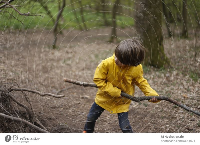 Kind spielt im Wald Junge Kindheit Umwelt Baum Holz Natur Spielen Neugier braun natürlich klein frei authentisch Bewegung Außenaufnahme Mensch Abenteuer