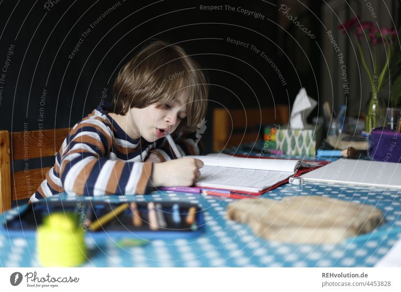 Kind bei den Hausaufgaben Homeschooling Schule lernen fleißig Fleiß schreiben Bildung Kindheit schulzeit arbeiten Konzentration konzentriert Stifte Tisch Stuhl