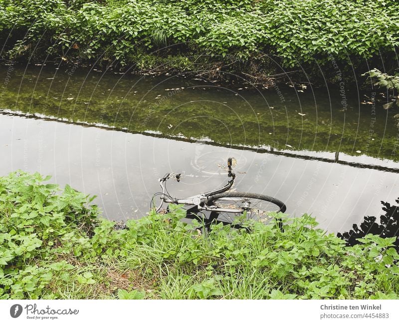 Ein Fahrrad liegt halb versunken in einem Bach, oben und unten im Bild ist die grüne Böschung zu sehen Fahrrad im Wasser Vandalismus Gewässer