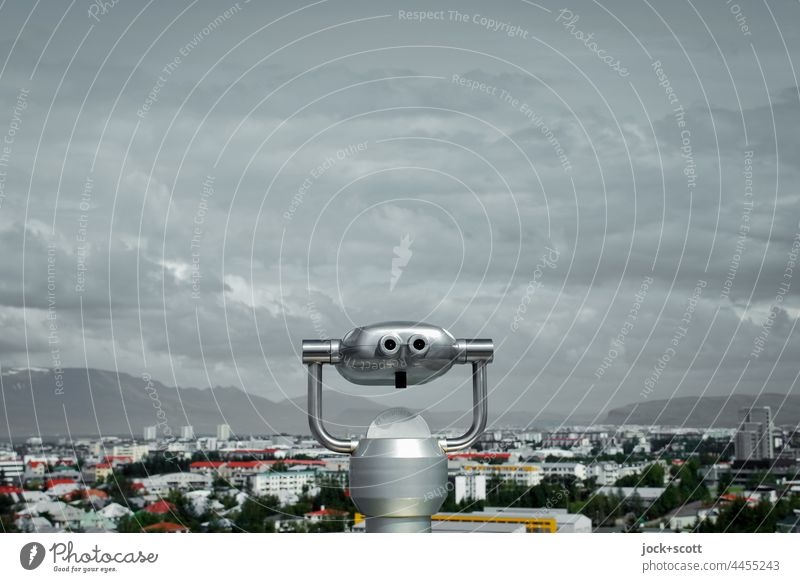 öffentliches Münzfernrohr für Blick über die Stadt Fernrohr Schönes Wetter Aussicht Himmel Wolken Panorama (Aussicht) Teleskop Ferne Horizont Reykjavík Island