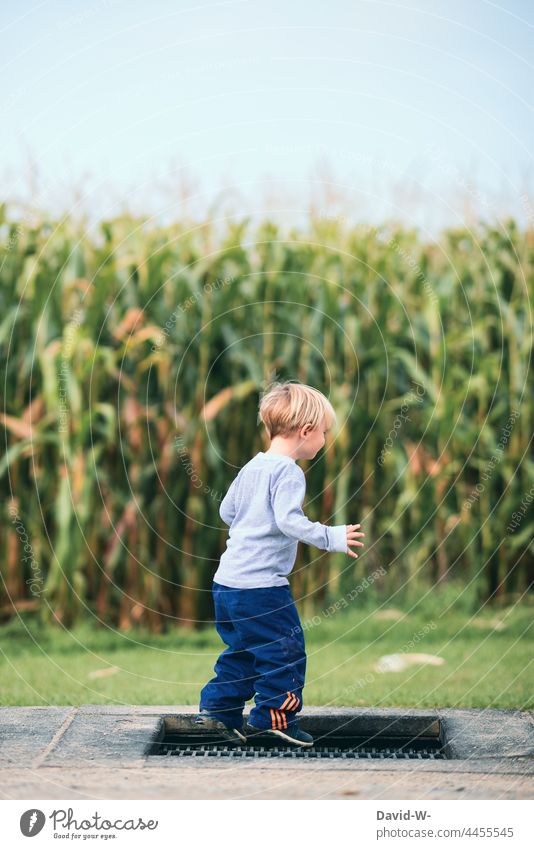 kleiner Junge springt auf einem Trampolin spielen hüpfen Kind Spielplatz Bodentrampolin draußen Spaß Freude
