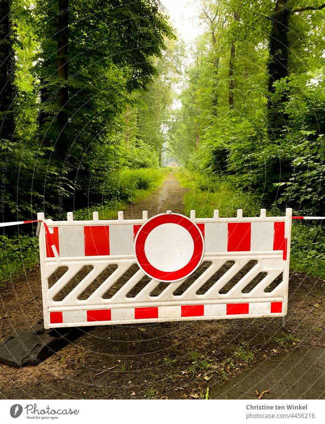 Der Spazierweg im Wald  ist mit einer Absperrschranke und Flatterband gesperrt Sperrung Waldweg Verbot Wege & Pfade Fußweg Bake Warnbake Schilder & Markierungen