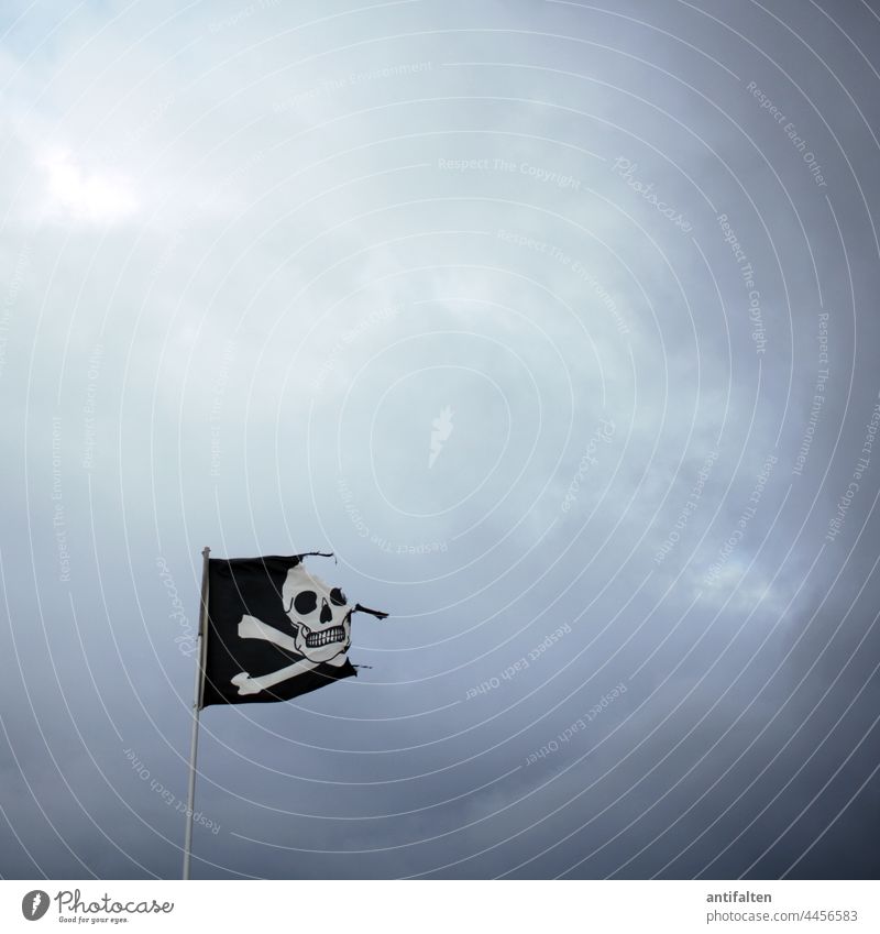 Die wilden Zeiten sind vorbei Flagge Fahne Piratenflagge totenkopf Himmel Fahnenmast Wind wehen flattern Außenaufnahme Menschenleer Wolken schwarz weiß düster