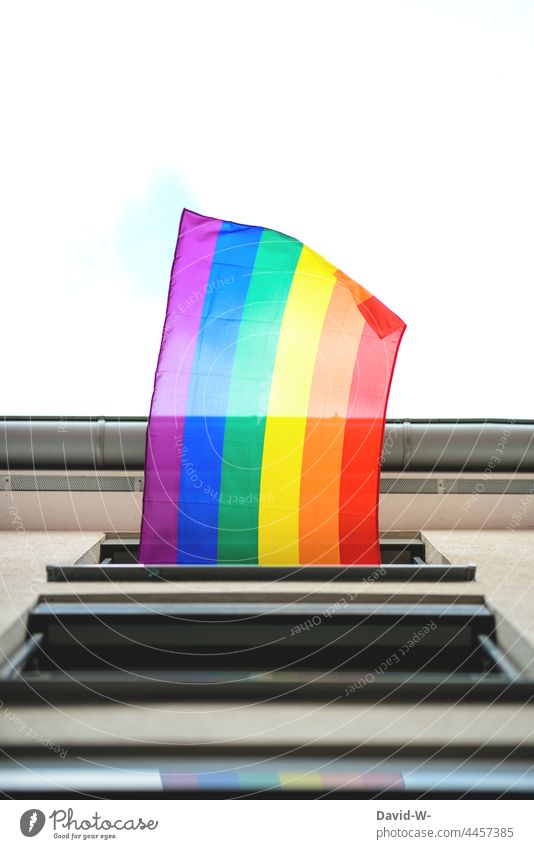 Fahne in Regenbogenfarben weht aus einem Fenster Flagge Pridge regenbogenfarben symbol divers lebensweise Konzept Wind wehen