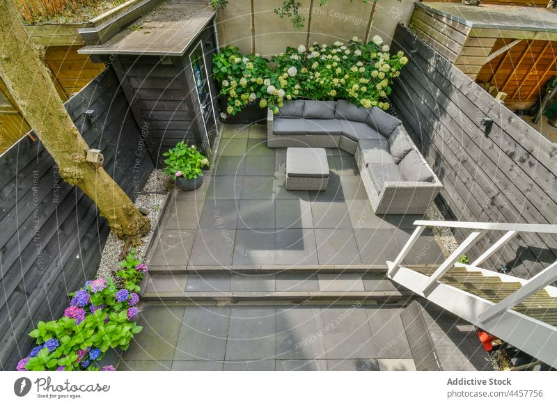 Patio mit Treppe gegen Sofa und Tisch patio Treppenhaus Pflanze Blume Blütezeit natürlich vegetieren Wand Geländer Hinterhof Liege Möbel Schritt