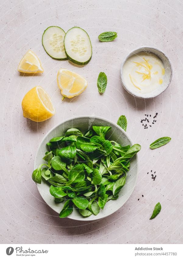 Diverse frische Zutaten und Zitronensauce auf grauem Hintergrund Bestandteil Salatbeilage Spinat Minze Salatgurke Saucen Sesam Rezept kulinarisch