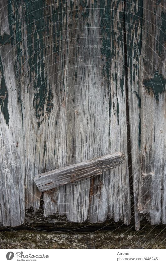 konstruktiv | Zusammenhalt Holzwand verwittert vergraut quer schräg Reparatur Holzzaun Trennwand hölzern kaputt beschädigt morsch schadhaft repariert genagelt