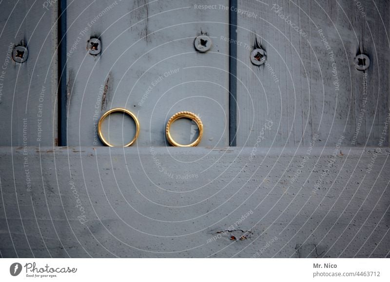 Eheringe vor Holztür Ring Schmuck Romantik Hochzeit Klischee Accessoire liebe Metall Gold Liebe Heirat glänzend Symbol der Liebe Hochzeitsfeier elegant