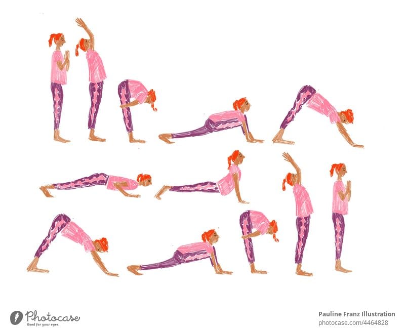 Junge rothaarige Frau macht Yoga Zeichnung Illustration Sonnengruß Sport orange jung sportlich rosa lila yogahose leggins jogginghose Bewegungsabfolge