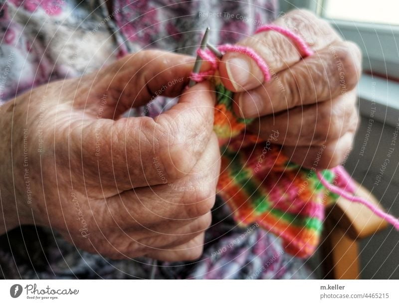 Hände einer alten Dame, die strickt Alter Stricken Senioren Seniorenheim Wolle Finger Handarbeit Farbfoto Strickmuster bunt weich