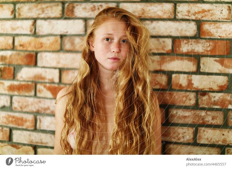 Nahaufnahme einer nackten jungen Frau mit Sommersprossen und roten Haaren Porträt Nähe Ausstrahlung Ruhe kraftvoll hübsch Jugendliche Erwachsene rothaarig