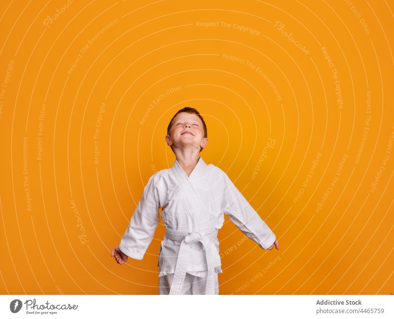 Lächelndes Kind, das die Decke anschaut Junge Kimono Karate selbstbewusst Aktivität Körperhaltung Sport Mut kämpfen Training Studioaufnahme Athlet farbenfroh