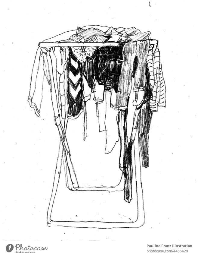 Bleistiftzeichnung eines chaotisch aufgehängten Wäscheständers Skizze schwarz-weiß das tägliche Leben Haushalt Wäscherei Waschmaschine Wohnung Kleidungsstücke