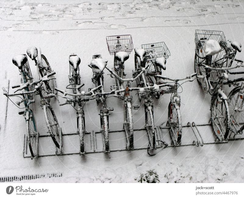Fahrräder im Schnee Fahrrad Hinterhof Winter Vogelperspektive Fahrradständer verschneit Hintergrund neutral abgestellt Verkehrsmittel Prenzlauer Berg Berlin