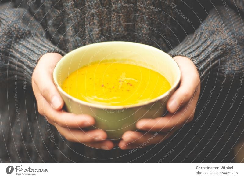 Golden wie der Herbst / Kürbissuppe wärmt uns auf / lecker und vegan Schale Vegetarische Ernährung Suppenschale bowl Hände halten festhalten Zopfpullover