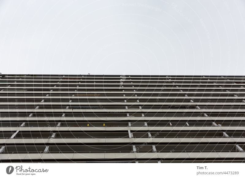 Blick hinauf an einer Plattenbau Fassade in Berlin Berlin-Mitte Hauptstadt Stadtzentrum Architektur Außenaufnahme Deutschland Menschenleer Großstadt Bauwerk