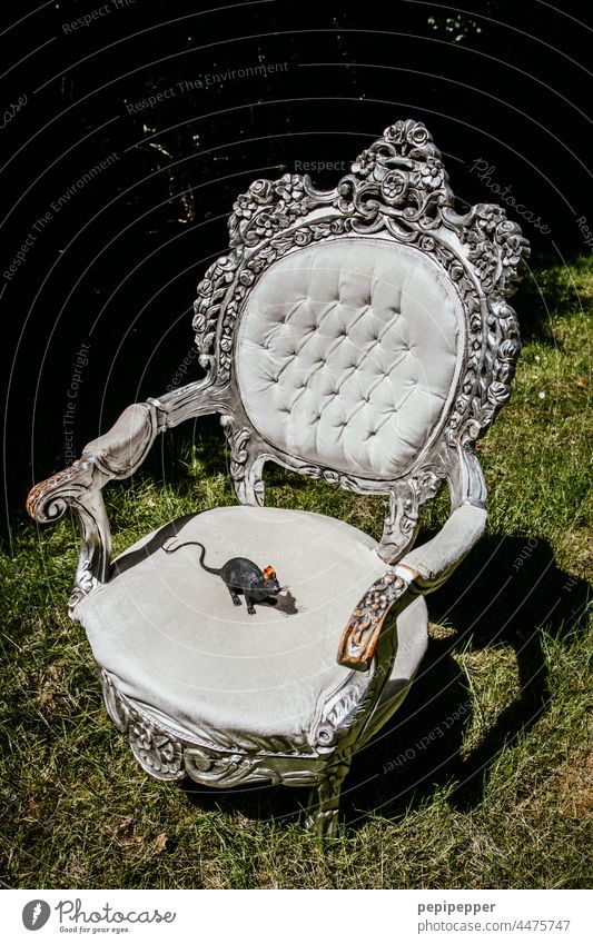 Pompöser, Barocker Stuhl auf dem eine Plastikratte sitzt pompös silber Ratte Farbfoto Nagetiere königlich königliche Säugetier Tierporträt Menschenleer