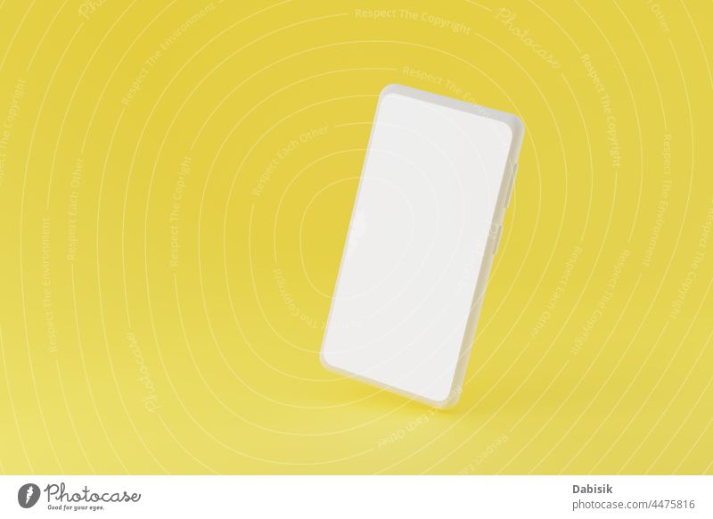 Modernes Smartphone Mockup auf gelbem Hintergrund, 3d Render Telefon Attrappe abstrakt Farbe farbenfroh Vorlage Dekoration & Verzierung Schatten rendern
