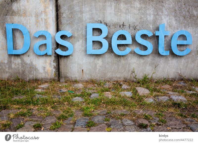 Das Beste . Aufgesetzte Schriftzeichen auf einer Betonwand an einer mit Gras bewachsenen Kopfsteinpflasterstraße Superlativ gut ultimativ führend optimal
