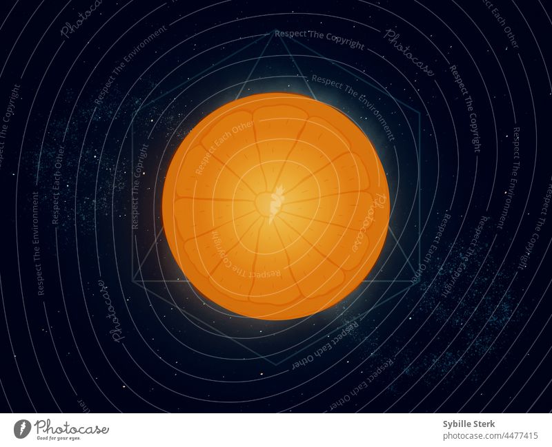 Orangefarbener Mond mit geometrischem Symbol dahinter auf einem Sternenhintergrund orangefarbener Mond Geometrie surreal konzeptionell Nachthimmel Raum Farbe
