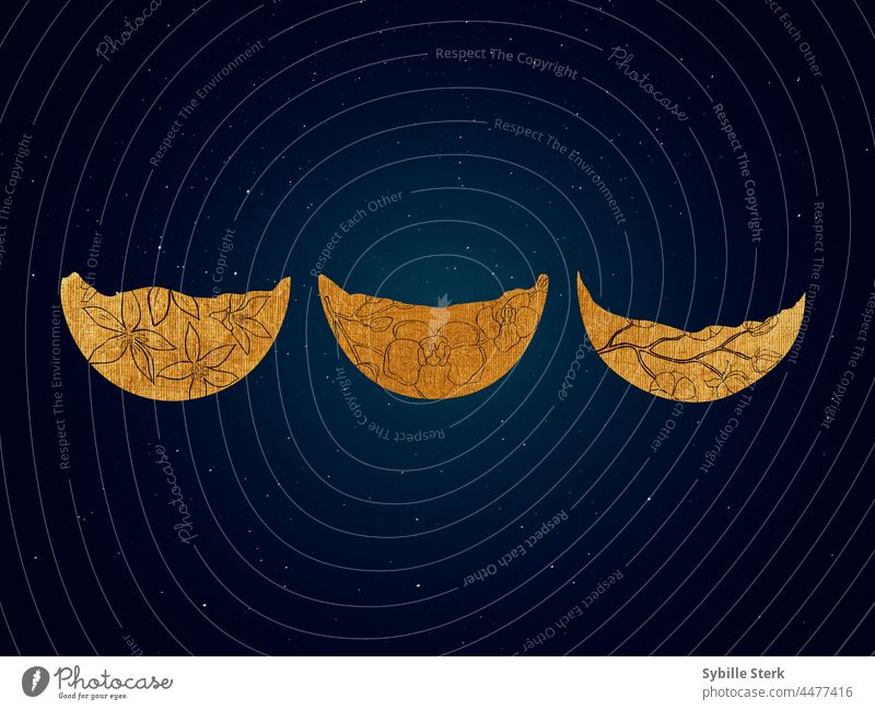 Drei goldene Mondkronen mit Blumenelementen in einem Nachthimmel Mondsichel Halbmond Blumenmond goldener Mond Stern Romantik Astrologie Astronomie Raum Weltall