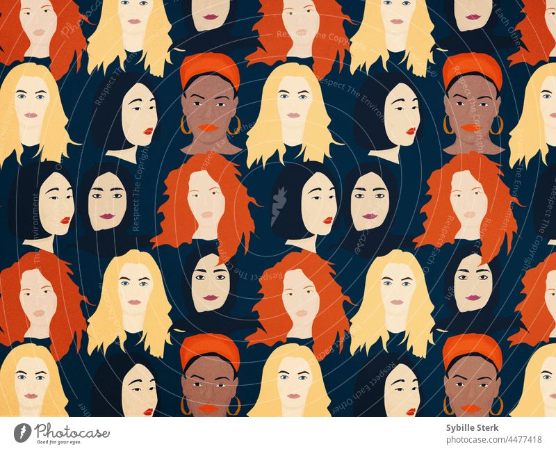 Multiethnische Frauen Muster gemeinsam stärker multiethnisch Weltfrauentag afrikanische Frauen asiatische Frauen europäische Frauen muslimische Frauen