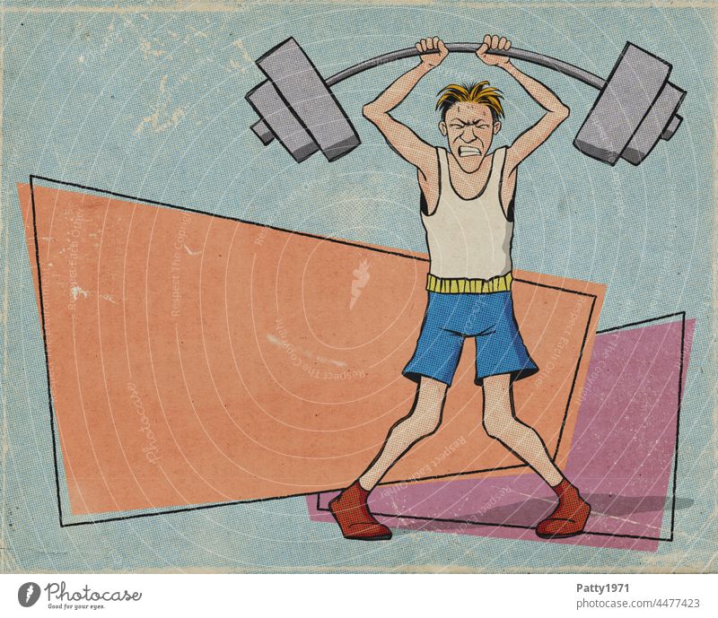 Sportler beim Gewichtheben vor einer orangenen Fläche mit Platz für Text. Retro Illustration im Stil der 50er, 60er Jahre Gewichtheber Fitness Hantel