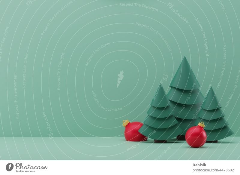 3d Illustration mit grünem Weihnachtsbaum. Weihnachtsdekoration Weihnachten fröhlich neu Jahr rot Hintergrund Dekoration & Verzierung Feiertag